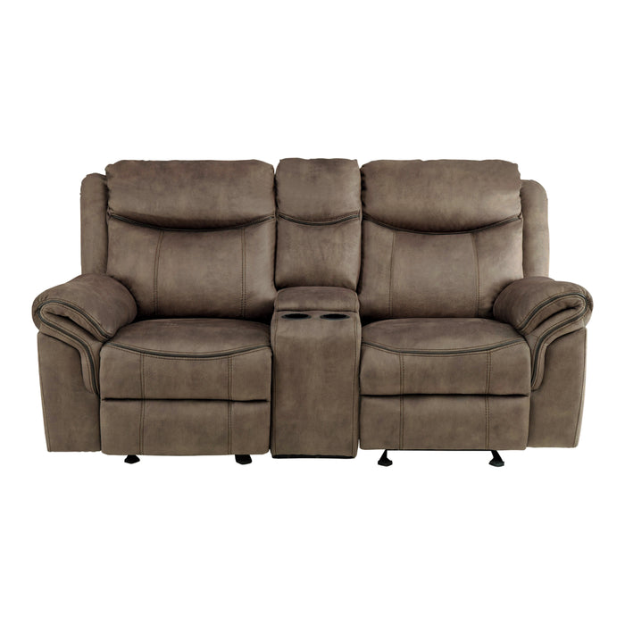 Aram Double Glider Reclining Loveseat with Center Console, Receptacles and USB Ports in Brown - 8206NF-2