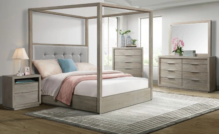 Elements International Arcadia Queen Upholstered Canopy Bed in Grey