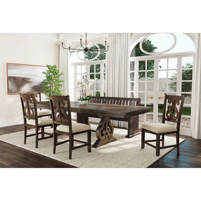 Stone 6PC Dining Set in Charcoal - Table, 4 Wooden Swril Back Side Chairs, & Pew Bench