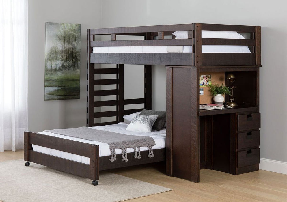 Elements International Vista Twin over Full Basic Loft Bed with Desk in Brown
