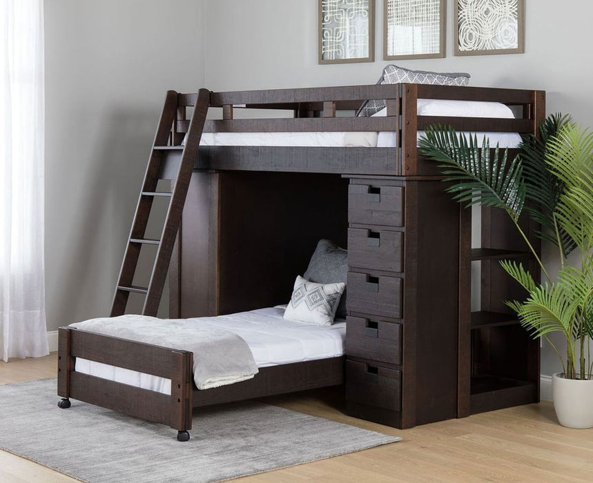 Elements International Vista Twin over Twin Super Loft Bed with Desk and Bookcase in Brown